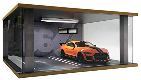 Vitrine modèle échelle 1/18 – Garage 1:18 avec couvercle en acrylique transparent et éclairage LED pour voitures moulées sous pression, 2 parkings 86