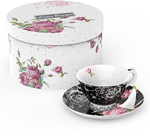London Boutique Tea Cup and Saucer Set 1 Afternoon Tea Set New Bone China Vintage Flora Gift Box 200m (Black)
