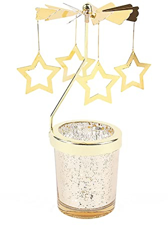 Sterne Teelicht Karussell Windlicht Glas Teelichthalter Gold Teelichtglas Rotierender Kerzenhalter Eisen Metall Kerzenständer für Valentinstag Deko Geschenk Hochzeit Dekoration Wohnzimmer Tischdeko