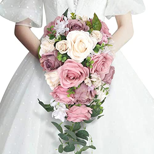 Uposao Bouquet De Mariée, Motif De Goutte d'eau Bouquet De Roses | Artificielles, Bouquets De Tenue De Mariée en Cascade Accessoires De Centre De Table De Mariage d'anniversaire