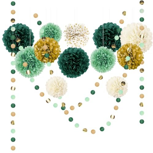 NICROLANDEE Seidenpapier Pompons Deko 15 Stück, Waldgrün Tissue Papier Pom Poms und Dots Papier Girlande, Party Dekorationen für Hochzeit, Babyparty Deko, Abschlussball, Geburtstag, Gartenparty deko