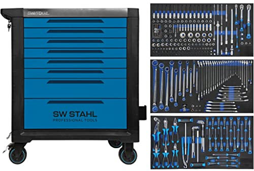 SW-Stahl Z3208 professionell verkstadsvagn TT802 blå I 8 lådor I 3 lådor fyllda I 304 delar I verkstad rullvagn utrustad med verktyg I Twin-Lock I verkstadsvagn kit I fullt utrustad