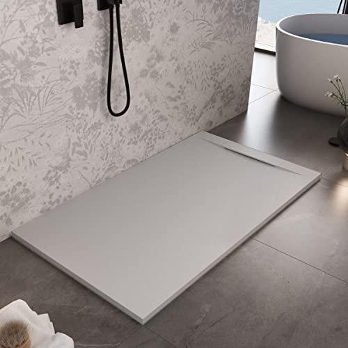 Luminosa ArredoBagno Marmoresina Receveur de douche 70 x 120 cm - Effet pierre antidérapant avec GelCoat - Modèle Venice, couleur gris clair, grille design, bonde incluse