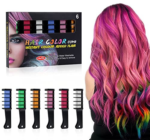AOOWU Haarkreide Kamm, 6 Farben Set Haarkreide für Mädchen, Temporär Haarfarbe Kreide Kamm für Kinder Auswaschbar Ungiftig, Haarfarbe für Weihnachten Halloween Mitgebsel Party und Cosplay（matt）