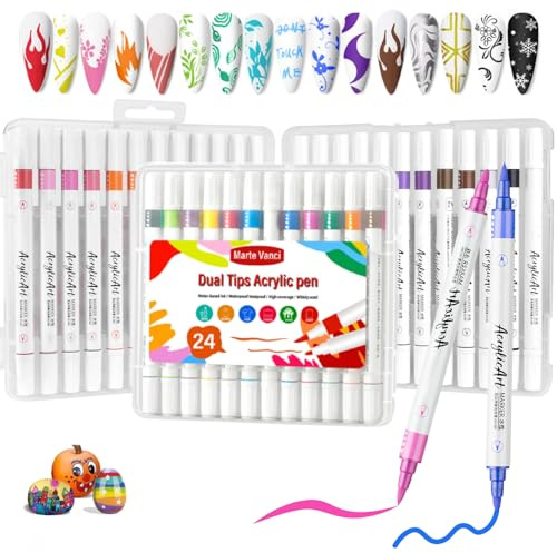 Marte Vanci Acrylfarben Stifte 24 Farben Dual Tip Nail Art Stifte Paint Marker mit Pinsel & Bullet Tip Coloring Marker Set für Nägel Rock Painting Stoff Glas Holz Ceremic DIY Handwerk