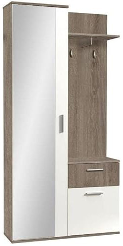 MINIO go for it - Flurgarderobe Schmal Alex, Flur Möbel 97cm Breit, Flurgarderoben mit Spiegel, Garderobenset Garderobenpaneel Wandgarderobe mit Ablage und Schuhschrank I Truffle Eiche Weiß