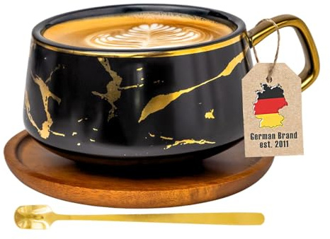 INTIRILIFE Taza Taza de cerámica en diseño de mármol negro con oro - 200 ml a 300 ml - Taza de café con posavasos de madera - Taza de té idea de regalo para café té cacao leche beber taza