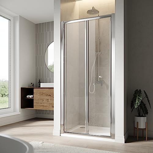 ELEGANT New Bifold Shower Enclosure with Magnetic Reversible Design 760mm Folding Shower Cubicle Door with 760 x 760mm Tray + Waste Set - Easy to Install