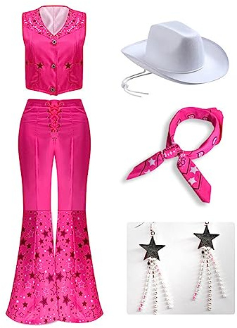 Yanny 2023 Film Cowgirl Kostüm Outsuit 70er 80s Hippie Disco Kostüm Wig Damen Rosa Schlaghose Halloween Cosplay (Rosa + Perücke, Medium)