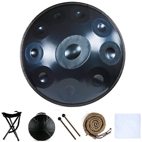 Handtrommel, Handpan-Drum-Instrument In D-Moll 9/10/12 Noten 56cm Stahl-Handpan-Trommel Mit Handpan Tasche, 2 Schlägeln Und Handtrommelständer (Color : Blue - 9 Notes, Size : 432hz)