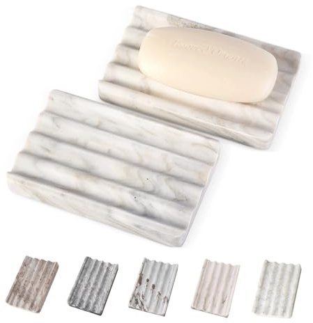2PCS Koville Italian Natural Marble Soap Dish for Shower, Multi-Color Stone Soap Tray for Bathroom, Bar Soap Holder for Sink, Stripe Grooves Soap Saver Sponge Holder (White/Brown Random)