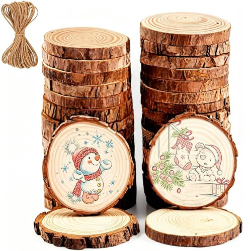 30 Stück Holzscheiben, BetterJonny Rund 7-8cm Holz Log Scheiben Kit mit Loch Unvollendete Holzkreise für DIY, Basteln, Hochzeit, Weihnachten Dekoration