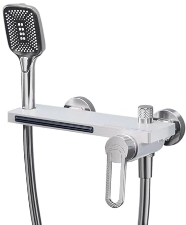 XJTNLB Wannenarmatur Wasserfall Bad Armaturen Badewanne Mischbatterie Wandmontage Badewannenarmatur mit 3 Modi Handbrause Chrom+Weiß
