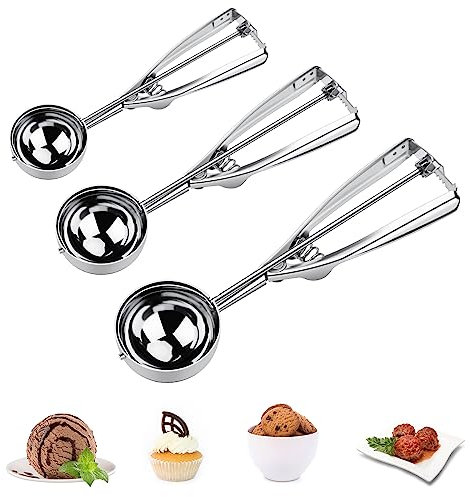Smyidel Eisportionierer Eislöffel Edelstahl Poliert 3 Stück Verschiedene Größen Klein 4cm, Mittel 5cm & Groß 6cm Eisportionier mit Auslöser für Eiscreme Plätzchen Kuchen Teig