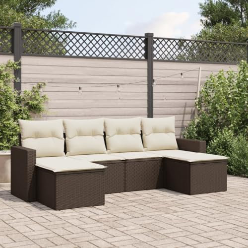 Rantry 6-TLG. Gartenmöbel Set mit Kissen Gartensofa Balkonmöbel Gartenlounge Loungesofa Rattansofa Modular Ecksofa Ecklounge Sitzgruppe Sofagarnitur Loungemöbel Braun Poly Rattan