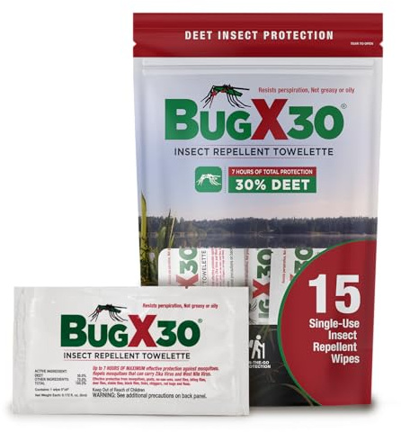 CoreTex Bug X 30 Mosquito, Tick, & Insect Repellent Wipes (30% DEET) with Resealable Travel Bag - Pack of 15 Single-Use Bug Repellent Wipes for Up to 7+ Hours of Protection Against 12 Types of Insects