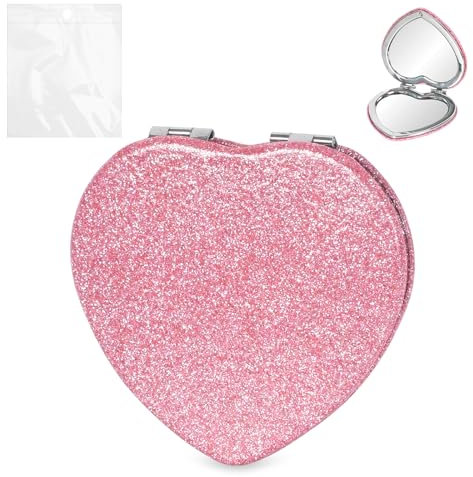 Colexy Rosa Herzform Taschenspiegel, Tragbarer Taschen Spiegel, Glänzend Taschenspiegel Mädchen, Doppelseitig Schminkspiegel mit 2X Vergrößerung, Handspiegel Klein Perfekt für Make-up und Reisen