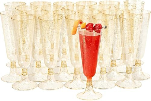 Matana - 24 Eleganti Flute da Champagne in Plastica con Glitter Oro, 150ml - Bicchieri da Brindisi Dorati Riutilizzabili e Resistenti per Cocktail, Dessert - Matrimoni, Compleanni, Feste