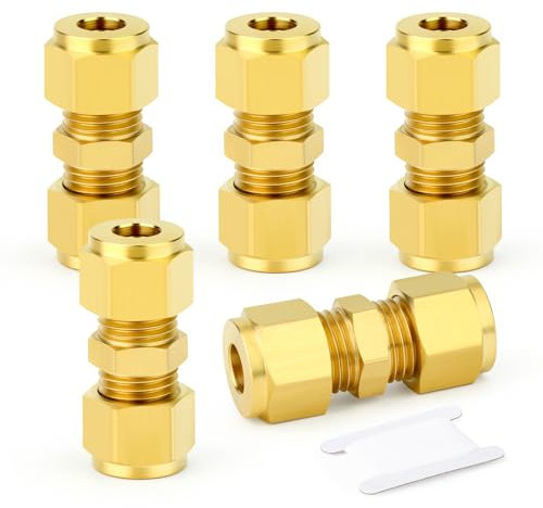 GASHER 5PCS Brass Compression Tube Pipe Fitting Connector, 8mm Tube OD Connector