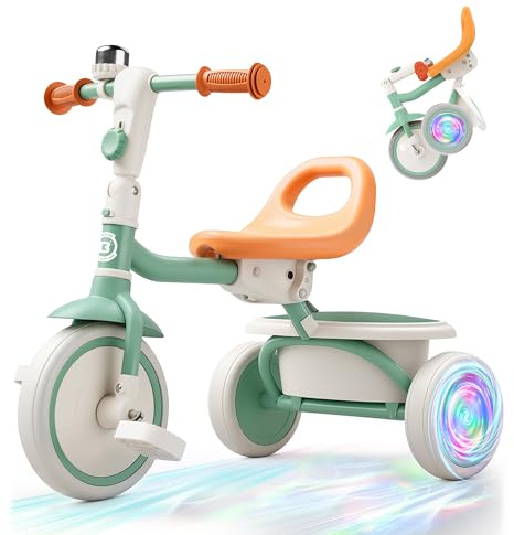 besrey Kinderdreirad mit Blinkrädern für Kinder von 2 Jahre bis 5 Jahren, Kleinkinderdreirad mit Klingel, Kinderdreirad, Geschenk und Spielzeug für Jungen und Mädchen, Grün