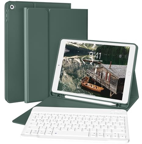 ZKTUYU Funda con teclado para iPad 9/8/7.Gen (2021/2020/2019) con soporte para bolígrafo, funda blanda de TPU, teclado magnético extraíble con disposición QWERTZ para iPad de 10,2 pulgadas, verde