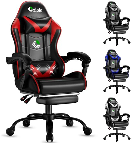Czlolo Gaming Stuhl, PC Gaming Sessel für Jugendliche und Kinder, Ergonomische Bürostuhl mit Fußstützen, Gaming Chair mit Kopfstütze und Massgefunktion, Höhenverstellbar, Rot