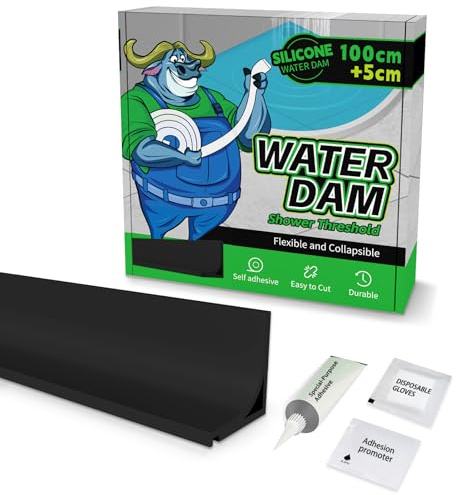 ALITAIYI Schwallschutzleiste Dusche, Wasserstopper, Schwarz, 105 cm | Selbstklebend, Silikon, mit Kleber, Biegbar und Zuschneidbar, für Duschschwelle, Badewanne, Waschbecken und Küche