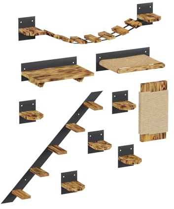 QLS Katzen Kletterwand Set aus Holz und Stahl zur Wandmontage Loft | Mit Brücke, Hängematte, Kratzer, Liegefläche, Stufen für Klettern, Spielen und Ausruhen, individuell kombinierbar im Wohnraum