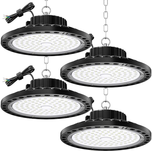 TOPAUBUB UFO LED Industrielle 100W 4 Pièce, Lampe Atelier Eclairage Garage 10000LM avec Chaîne Métallique 30CM, Driver, 6500K IP65 Projecteur LED Intérieur pour Entrepôts Usines