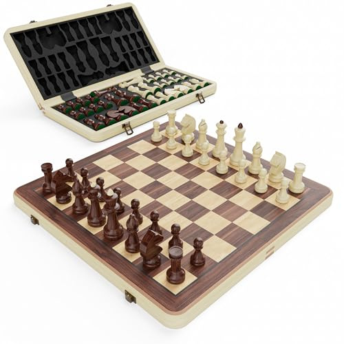 38cm Holz Klapp-Schach- und Dame-Set - 2-in-1 Brettspiel mit 7,6cm König Staunton Figuren und 2 zusätzlichen Damen