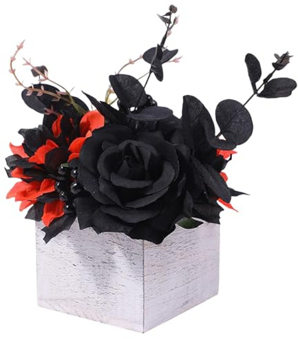 Eventerde Décorations Florales d'halloween, Bouquet de Fleurs Artificielles Noires Jour des Morts avec Vase en Bois, Décorations d'halloween Durables, Ornement pour Bureau Restaurant ou Location