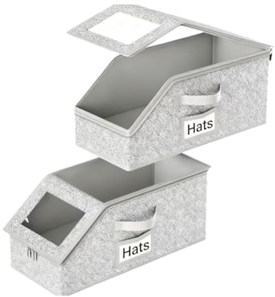 flaxarne Gris Caja Apilable de Organizador de Gorras,Caja para Guardar Gorras Plegable con Ventana Transparente,Set de 2 Cajas para Armario Estantería,42×22×17cm