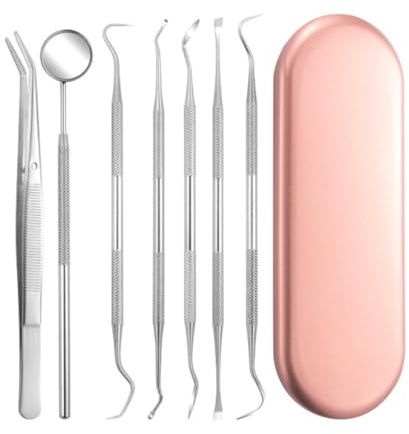 Kit de raspador de sarro de acero inoxidable y removedor de placa, espejo dental con limpiador de lengua y estuche de almacenamiento, para el cuidado bucal en el hogar (caja de oro rosa de 7 piezas)