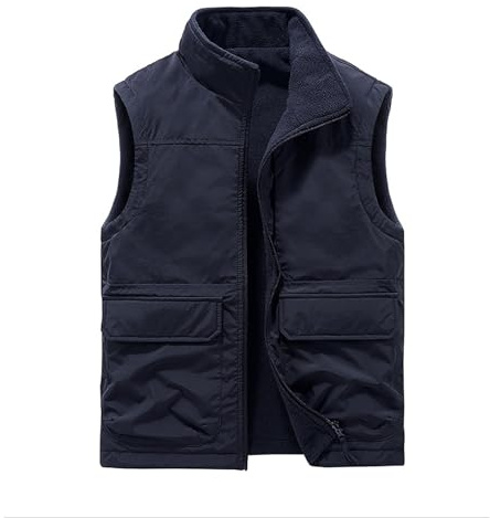Herrväst med flera fickor – utomhus vardaglig lätt fleece-väst, quiltad tjock vindtät ärmlös väst jacka, lätta puffervästar med fickor, mäns funktionella utomhusytterkläder, Mörkblått, XXL