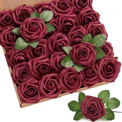 Coztie Künstliche Rosen, 25 Stück Blumen Schaumrosen Rotwein | Gefälschte Kunstrose Rose Künstliche, Deko Blumen Fake Rosen, für DIY Hochzeit Blumensträuße Braut Zuhause Dekoration