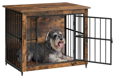 Feandrea Hundebox, Hundekäfig Möbel, Gitterbox aus Holz und Metall, mit 2 Türen und Geschlossenem Boden, 82 x 55 x 64 cm, für Zuhause, Vintagebraun, Degwood PFC022KD01