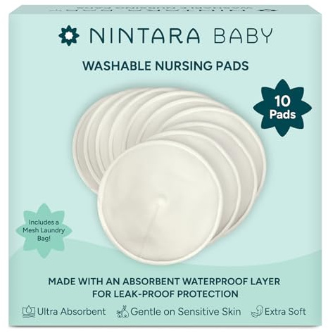 Nintara Baby Reusable Nursing Pads – Soft & Absorbent Breast Pads, Bamboo Viscose Blend, Contoured Fit, Leak-Resistant, Pack of 10 with Laundry Bag