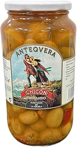 Aceitunas de la Abuela Chicón | Partidas con Ajo y Pimiento | 900g (550g Escurrido) | Sin Gluten | Receta Tradicional Antequera | Aperitivo Español | Tapas y Picoteo | Olivas Aliñadas Andaluzas