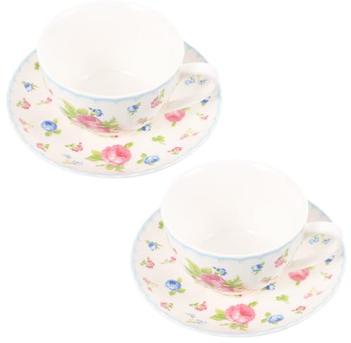 Warmhm Set di 2 Tazze e Piattini in Porcellana Fine Bone China, Tazze da Caffè e Tè Manico e Motivo Retrò, Decorazione da Tavola per Casa e Regalo per Feste