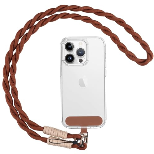 Coiwxmoi Cordino per Cellulare Universale Laccio per Cellulare, Rimovibile Cordino da Collo Nylon Catena Collana Tracolla con Toppa di Fissaggio, Elegante Compatibile con Tutti Gi Smartphone, Marrone