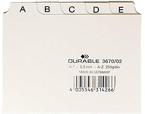 Durable Leitregister A - Z, A7 quer, 1 Stück, weiß, 367002 | Register aus robustem Kunststoff, 25 Blatt, für Karteikarten im Querformat, Taben mit Aufdruck A bis Z
