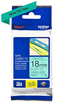 Brother P-touch Schriftband (18 mm, geeignet u.a. für Brother P-touch 1830VP, -D400/VP, -D450, -D600/VP, -P700, -2430, laminiert, 8 m lang) schwarz auf grün TZE741, Klein