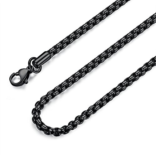 FOSIR Mens Womens 4mm Stainless Steel Black Rolo Chain Necklace, Round Box Chains for Men (30 Inch)