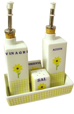 JUEGO ACEITERA ACEITE VINAGRERA VINAGRE SALERO SAL PIMENTERO PIMIENTA BANDEJA PORCELANA MARGARITA AMARI 170MLLLO VICHY AMARILLO