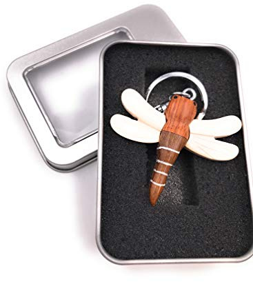 Onwomania Porte-clés en bois libellule insecte animal mouche pendentif Dans une boîte cadeau