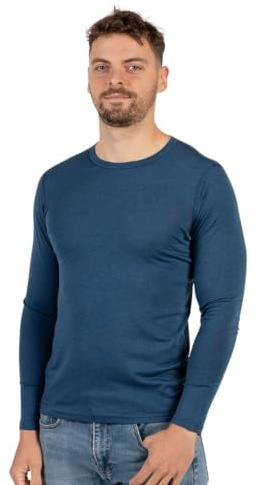 menique Herren 100% Merinowolle Langarmshirt Baselayer, L, Denim Blau