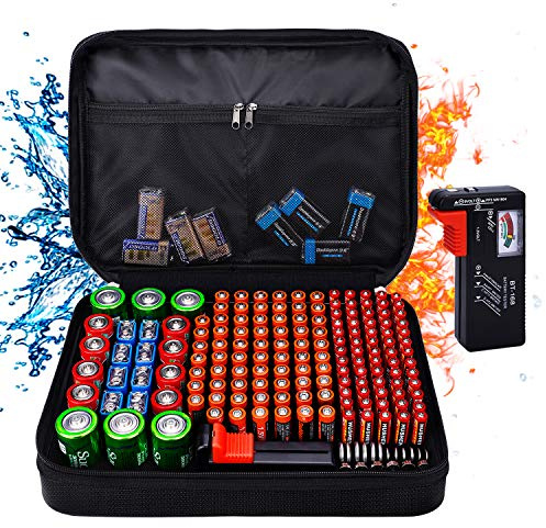 Tamfile Battery Organizer Storage Box - Holds 172 Batteries, 12.59x8.86x2.95 Fireproof Waterproof Carrying Case for AA/AAA/C/D/9V With Battery Tester BT-168 (Batteries Not Included)