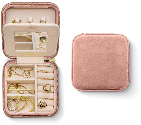 Benevolence LA Plush Velvet Jewelry Box | Travel Jewelry Case Organizer with Mirror | Featured in Oprah's Favorite Things | Best Gifts For Daughter, Girlfriend, Mom | Gifts For Her - Dusty Pink