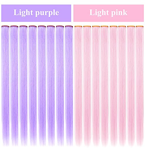 IAMERUI Extension di capelli sintetici con clip, colorati, per feste, colori assortiti, resistenti al calore, 12 pezzi (rosa chiaro + viola chiaro)