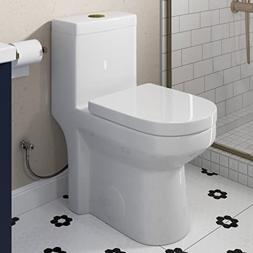 HOROW HWMT-8733 Small Compact One Piece Toilet For Bathroom, Powerful & Quiet Dual Flush Modern Toilet, 12'' Rough-In Toilet & Soft Closing Seat Include, 25D x 13.4W x 28.4H, White, Gold Button